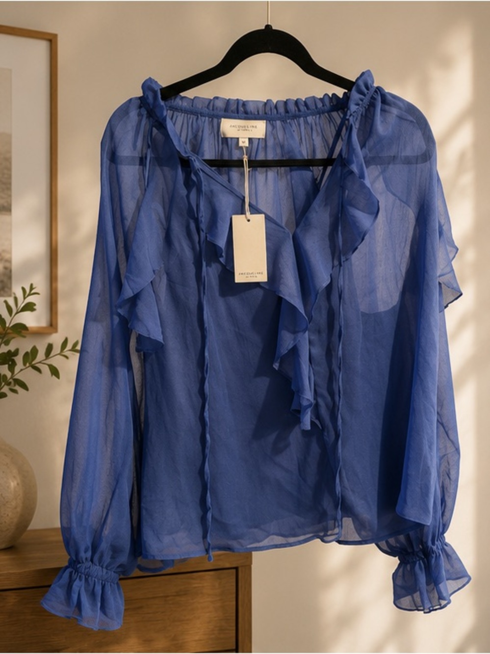 MELLODAY Blue Ruffle Tie-Neck Sheer Blouse